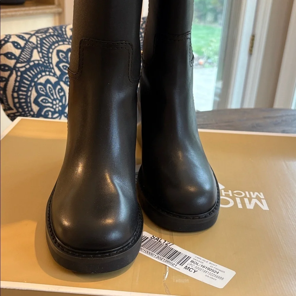 Michael Kors Black Heeled Boots with Gold Chain Detail
